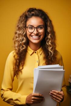 Smiling woman in yellow suit holding paper file isolated on yellow background. Overtime work concept photo