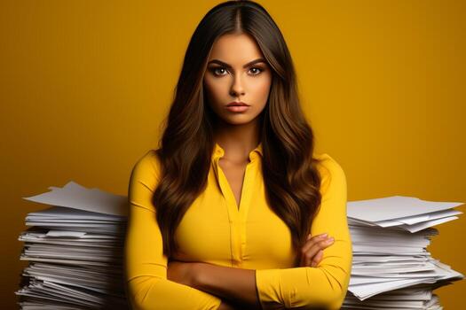 Serious european woman in yellow suit with large stack of documents, overtime work in office photo