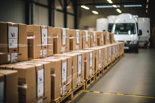 Vans parked inside warehouse with boxes photo