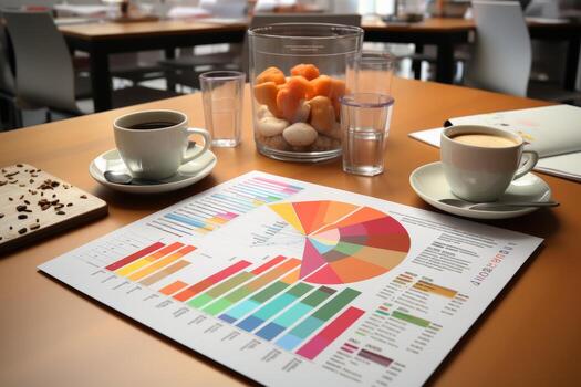 Colorful business statistics and data analysis concept on table with cup of coffee in cafe photo
