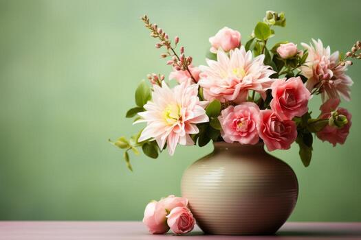 Pink vase with pink flowers on a green background. Maybe for designers space for text photo