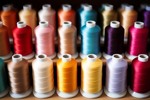 Colorful cotton threads on tailor textile fabric with various colors and patterns for crafting photo