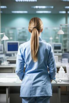 Rear view of female laboratory technician working in a laboratory classroom setting photo