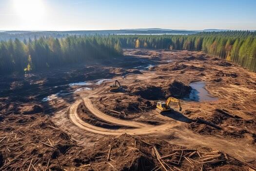 Aerial view showing devastating impact of deforestation and land destruction captured by drone photo