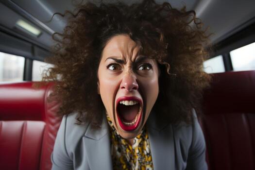 Close-up of womans face with a hysterical expression, portraying intense emotion and distress photo