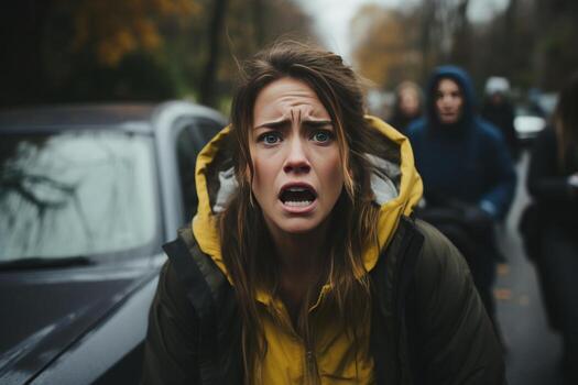 Close-up of womans face with hysterical expression, intense emotion and distress photo