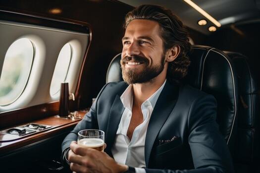 Happy businessman holding a cup and gazing out of the window while aboard a private plane photo