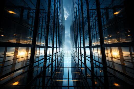 Abstract modern blue glass skyscraper in business center viewed from bottom-up perspective photo