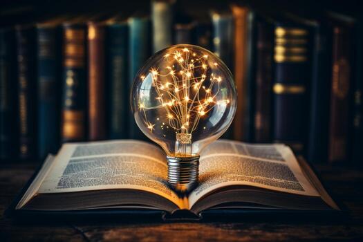 Open book with a light bulb in a library, symbolizing the concept of gaining knowledge and education photo