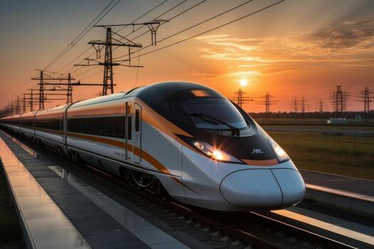 Modern high-speed train moving on high-speed rail at sunset outside the urban area photo