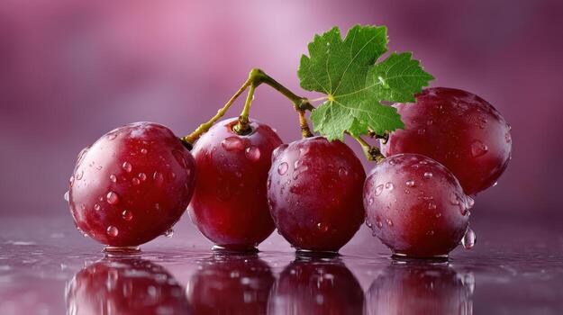 Fresh red grape water drop vine leaf cluster macro glossy juicy wet reflection still life photo