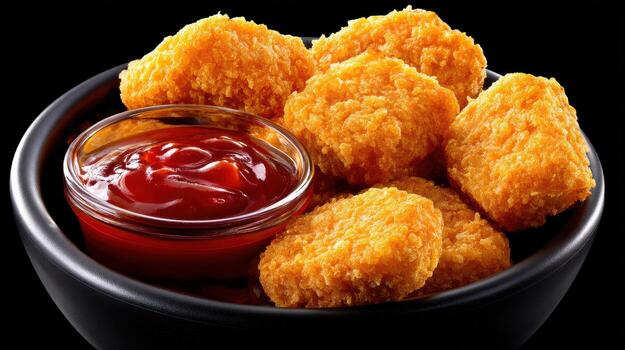 Crispy chicken nugget golden breadcrumb ketchup dip black bowl fast food snack fried crunchy savory appetizing crunchy chicken nugget pile with photo