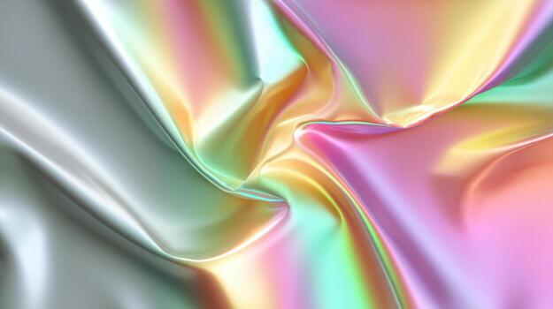 Iridescent satin fabric abstract swirl, metallic foil texture pastel gradient, smooth fold, glossy sheen, soft light, dreamy mood photo