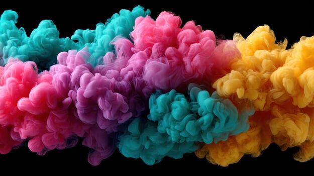 Colorful smoke vibrant cloud cyan magenta yellow abstract swirl dark background vivid gradient soft texture ink plume with energy and wonder photo