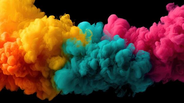 Vibrant colorful smoke abstract cloud cyan magenta yellow black background vivid swirl dynamic plume soft texture gradient vapor. Energetic mood photo