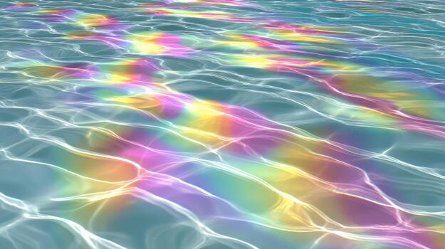 Iridescent water ripple reflection, soft pastel color, sunlight shimmer, abstract wave pattern, calm pool surface, dreamy mood photo