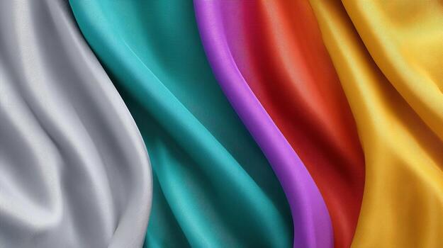 Colorful satin fabric silky texture vibrant rainbow smooth folds glossy sheen abstract drape elegant textile soft wave flow with calm mood photo