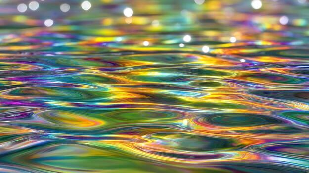 Colorful water ripple reflections, sunlight bokeh, abstract pattern, liquid texture, iridescent wave, vibrant shine, dreamy mood photo
