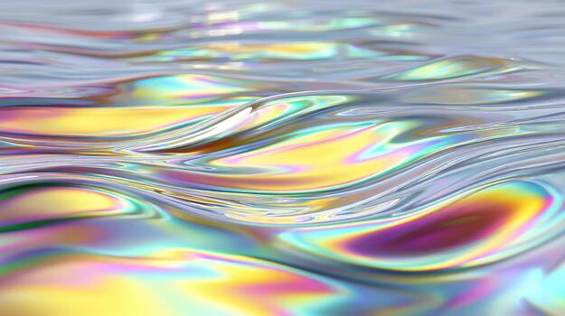 Iridescent water rainbow reflection liquid surface abstract wave pastel color soft light metallic sheen fluid texture. Iridescent water rainbow photo