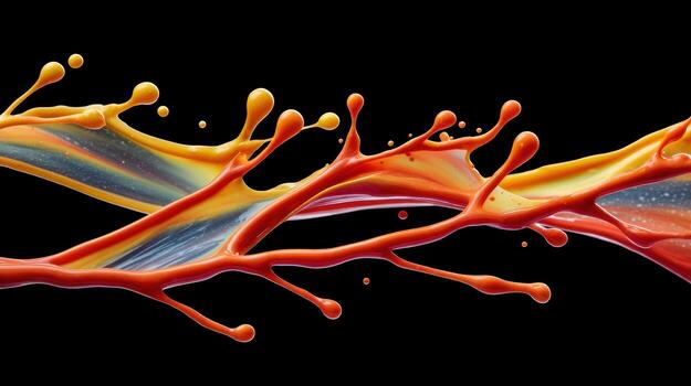 Vibrant paint splash abstract liquid colorful wave orange yellow dynamic motion macro detail glossy texture black background creative art fluid photo