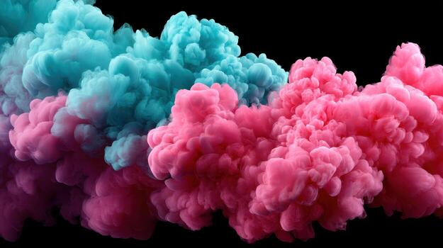 Vibrant cyan magenta smoke cloud, colorful ink in water, abstract vapor, black background, soft texture, dynamic motion, dreamy mood photo