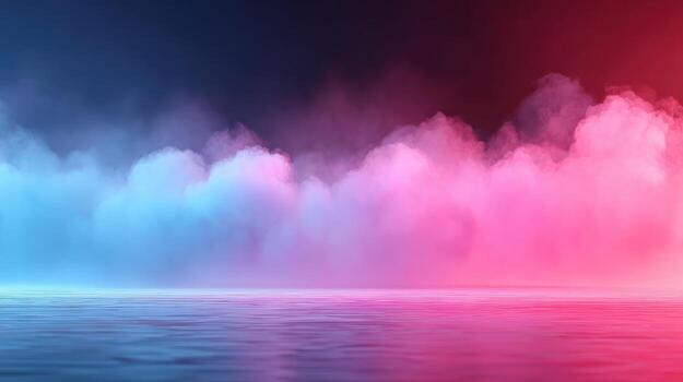 Neon fog glowing haze vibrant gradient blue red mist cloud reflective water surreal scene moody atmosphere soft light fantasy vibe Atmospheric photo