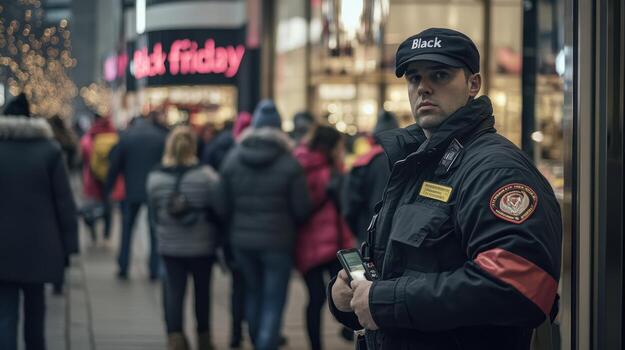 A security guard standing in front of a crowd photo