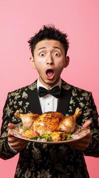 A man in a tuxedo holding a plate with a chicken photo