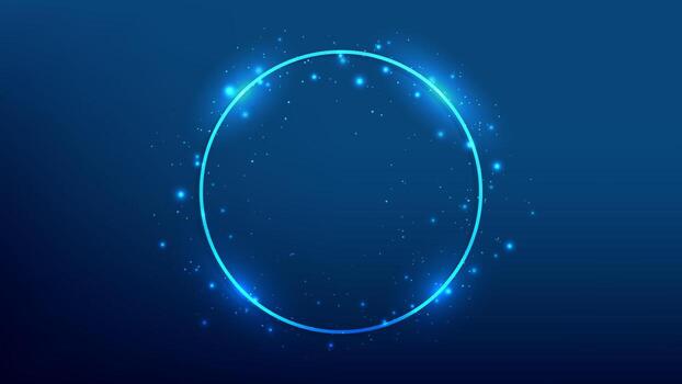 Neon circle frame with shining effects and sparkles on dark blue background. Empty glowing techno backdrop. Fine illustration vector