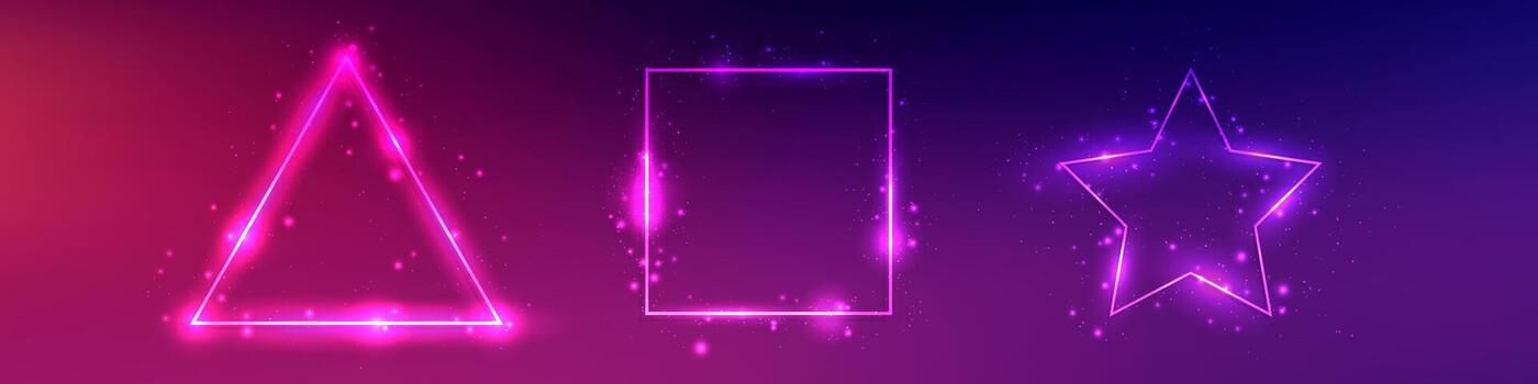 Set of three neon frames with shining effects and sparkles on dark purple background. Empty glowing techno backdrop. illustration vector