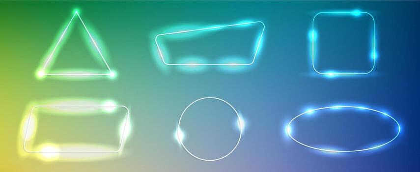 Set of six neon frames in different geometric forms with shining effects and sparkles on green background. Empty glowing techno backdrop. illustration vector