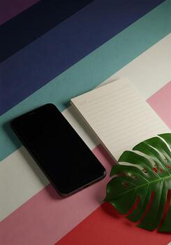 A smartphone, notebook and a palm leaf on a colorful striped background 3d render photo