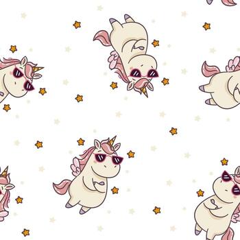 Seamless pattern on a white background. A cute unicorn with wings stands with its arms folded across its chest, wearing sunglasses, surrounded by stars vector