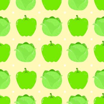 A playful, seamless pattern featuring green peppers and cabbages on a yellow backdrop. vector