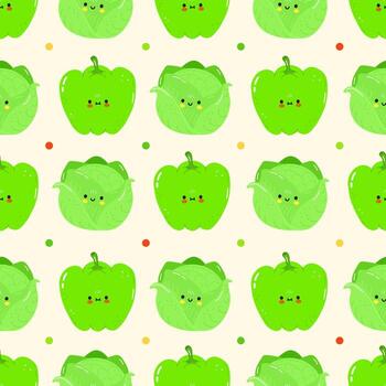A charming, repeating pattern featuring adorable, smiling green bell peppers and cabbages. vector