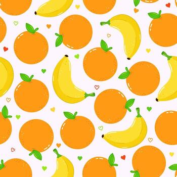 A colorful seamless pattern of oranges, bananas, and heart shapes on a white backdrop. vector