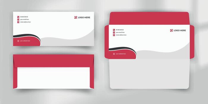 Minimal red and white envelope template with wave design, clean corporate stationery layout vector