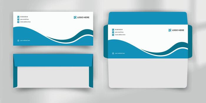 Modern blue and white wave envelope template with contact icons and editable design vector