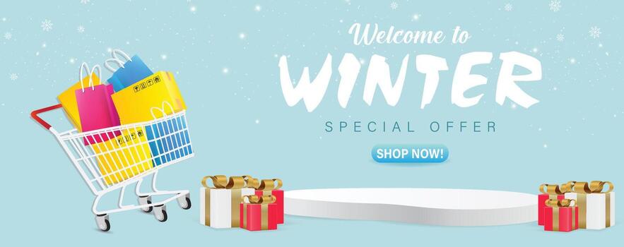 Winter sale 3d banner template with podium display and shopping element in winter season background for promotion, web and poster. vector