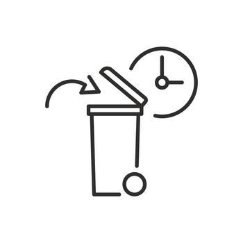 icon of time to dispose of the spoiled product, the expiration date has expired, trash can and clock, container bin for trash, thin line symbol editable stroke illustration vector