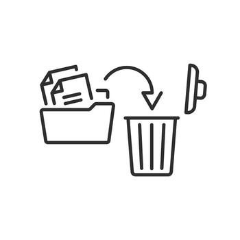 delete data icon, document folder with trash can, information send to trash bin, thin line symbol on white background editable stroke illustration vector