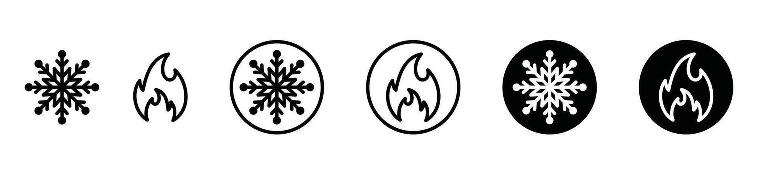 Snowflake and fire icons set. Hot and cold icon symbol. Ice and flame icons in circle vector