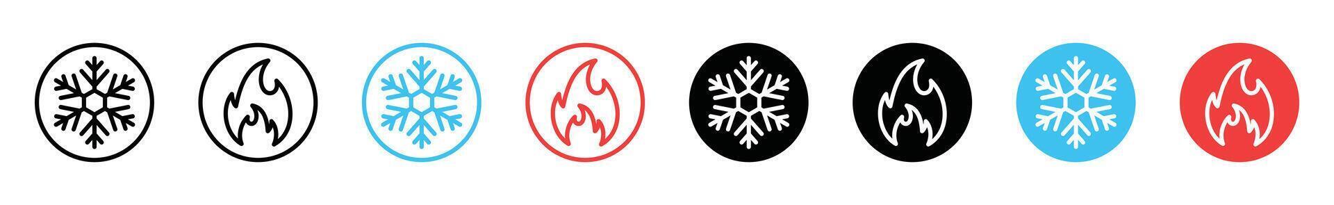 Snowflake and fire icons set. Hot and cold icon symbol. Ice and flame icons in circle for apps and websites. Illustration vector