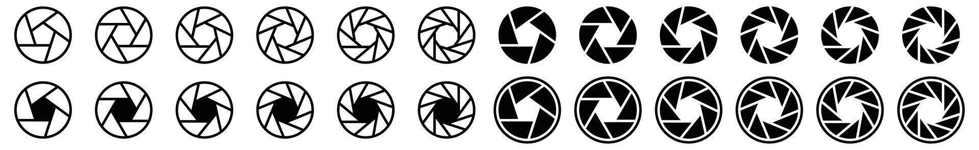 Camera shutter icons set. Camera lens icon symbol. Camera lens diaphragm icon in outline or line and flat style for apps and websites vector