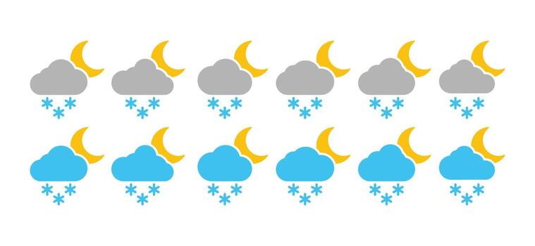 Night weather snowing icon set. Snowflake, moon, and cloud icon. Snowing weather icon collection. Snowfall icons symbol for apps and websites vector