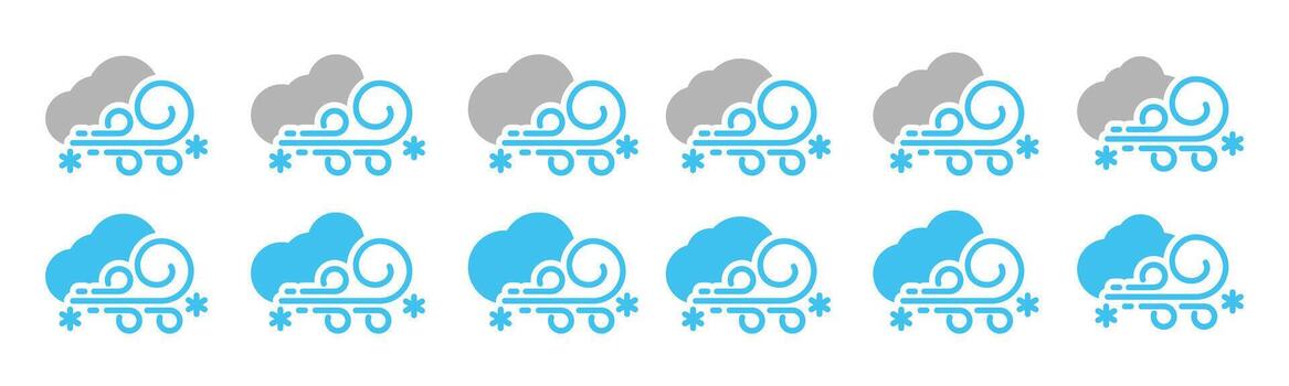 Blizzard weather icons set. Snow storm weather icon collection. Snowflake, cloud, and wind icon symbol for apps and websites vector