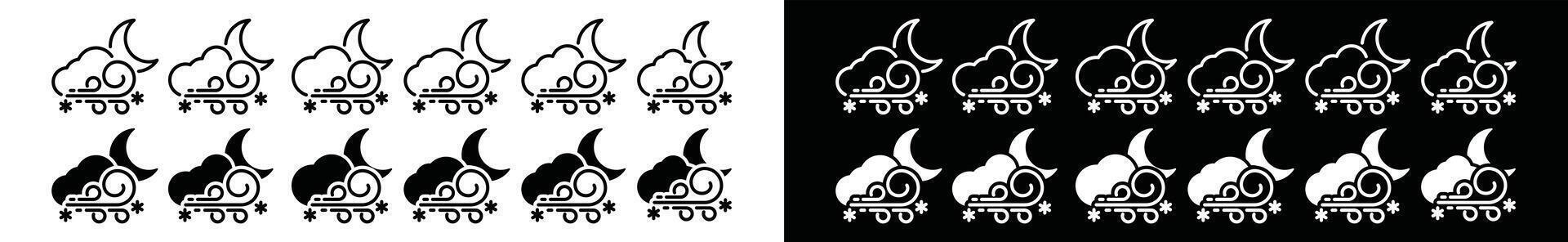 Blizzard weather at night icons set. Snow storm weather icon collection. Snowflake, cloud, and wind icon symbol for apps and websites vector