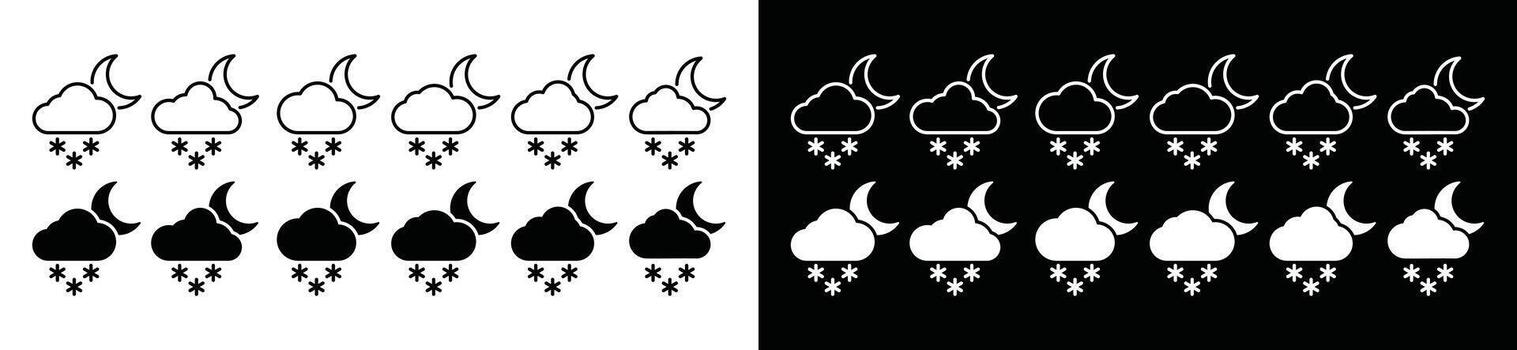 Night weather snowing icon set. Snowflake, moon, and cloud icon. Snowing weather icon collection. Snowfall icons symbol for apps and websites. Illustration vector