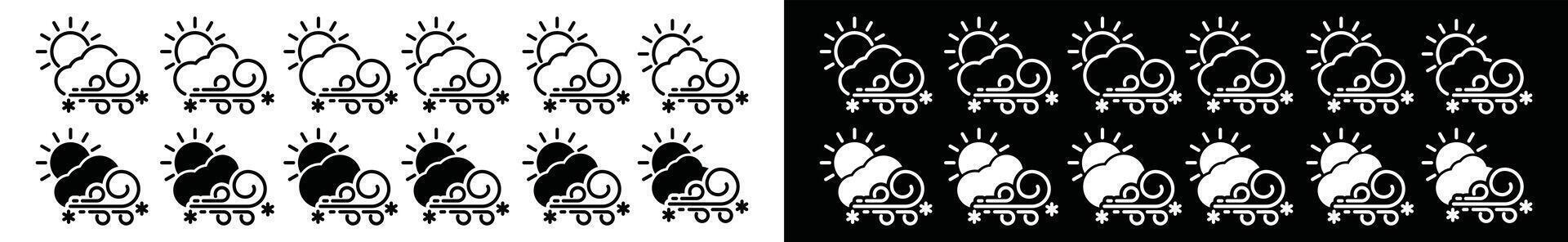 Blizzard weather during the day icons set. Snow storm weather icon collection. Snowflake, cloud, and wind icon symbol for apps and websites vector