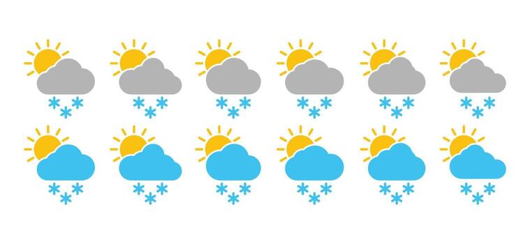 Hot weather snowing icon set. Snowflake, sun, and cloud icon. Sunny rainy weather. Snowing weather icon collection. Snowfall icon . Snowing icon symbol for apps and websites vector